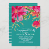 Turquoise Fuchsia Floral Engagement Kaart (Voorkant / Achterkant)