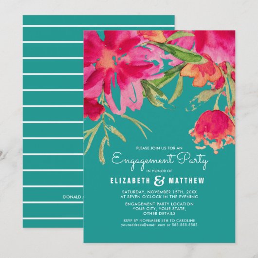 Turquoise Fuchsia Floral Engagement Kaart (Voorkant / Achterkant)