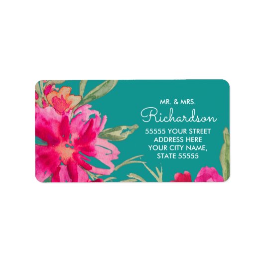 Turquoise Fuchsia Floral Return Address Labels (Voorkant)