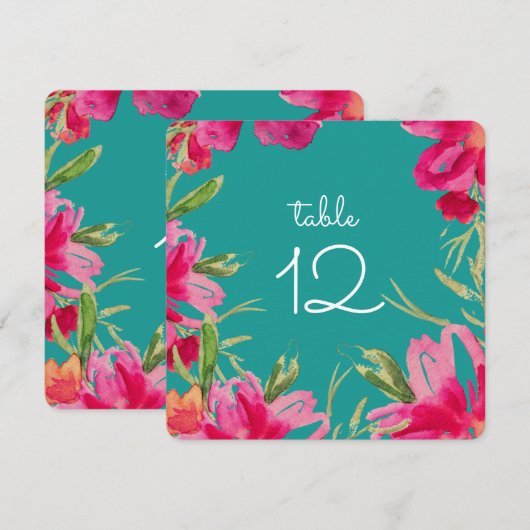 Turquoise Fuchsia Floral Table Number Kaarten (Voorkant / Achterkant)