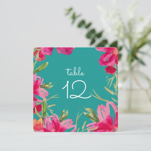 Turquoise Fuchsia Floral Table Number Kaarten (Staand voorkant)