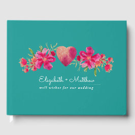 Turquoise Fuchsia Floral Waterverf Wedding Gastenboek