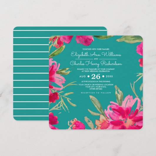 Turquoise Fuchsia Floral Waterverf Wedding Kaart (Voorkant / Achterkant)