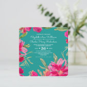 Turquoise Fuchsia Floral Waterverf Wedding Kaart (Staand voorkant)