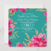 Turquoise Fuchsia Floral Waterverf Wedding Kaart (Voorkant)