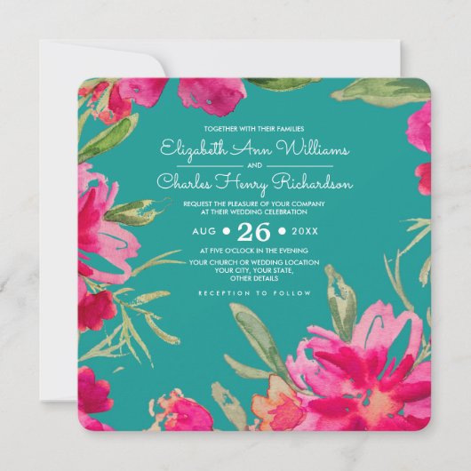 Turquoise Fuchsia Floral Waterverf Wedding Kaart (Voorkant)