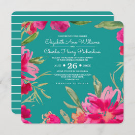 Turquoise Fuchsia Floral Waterverf Wedding Kaart