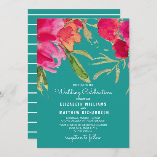 Turquoise Fuchsia Floral Waterverf Wedding Kaart (Voorkant / Achterkant)