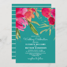 Turquoise Fuchsia Floral Waterverf Wedding