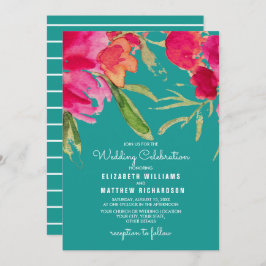 Turquoise Fuchsia Floral Waterverf Wedding Kaart