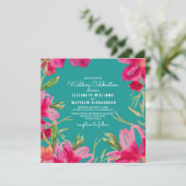 Turquoise Fuchsia Floral Waterverf Wedding Kaart (Staand voorkant)