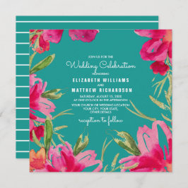 Turquoise Fuchsia Floral Waterverf Wedding Kaart