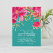 Turquoise Fuchsia Floral Waterverf Wedding Kaart (Staand voorkant)