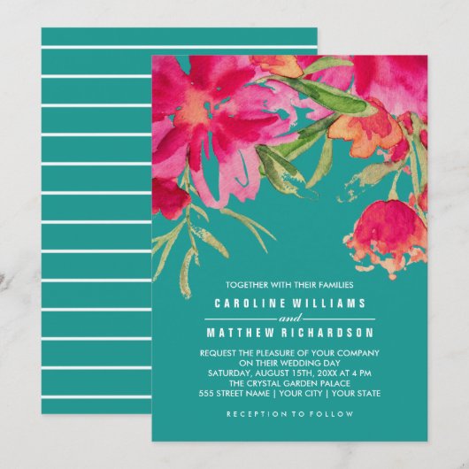 Turquoise Fuchsia Floral Waterverf Wedding Kaart (Voorkant / Achterkant)