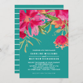 Turquoise Fuchsia Floral Waterverf Wedding Kaart