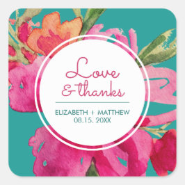 Turquoise Fuchsia Floral Wedding Dank je wel Vierkante Sticker