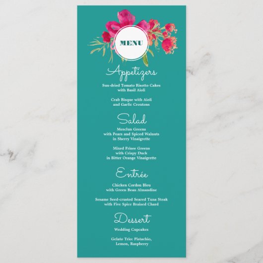 Turquoise Fuchsia Floral Wedding Menu Kaarten (Voorkant)