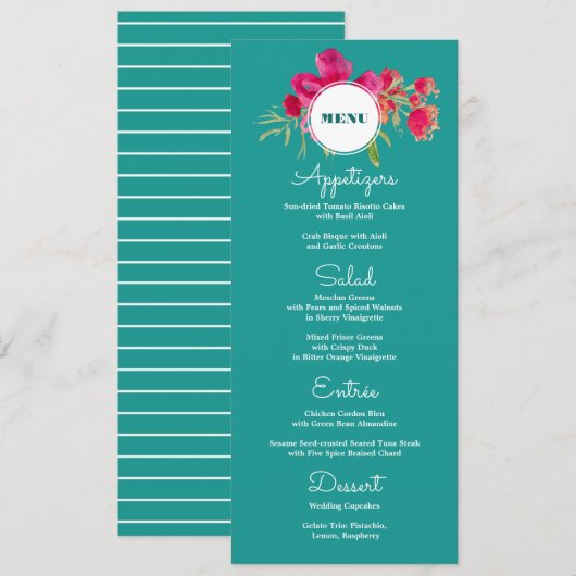 Turquoise Fuchsia Floral Wedding Menu Kaarten (Voorkant / Achterkant)