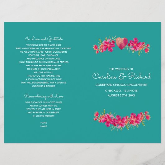 Turquoise Fuchsia Floral Wedding Programs (Voorkant)