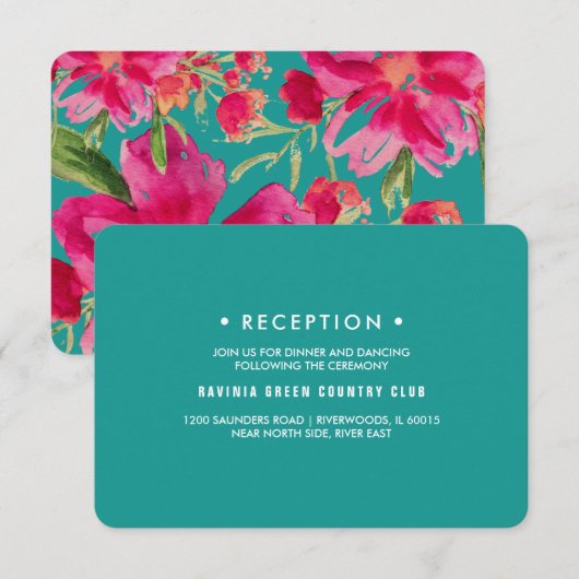 Turquoise Fuchsia Floral Wedding Reception Kaarten (Voorkant / Achterkant)