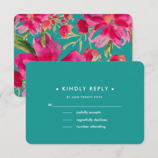 Turquoise Fuchsia Floral Wedding RSVP Kaarten Kaartje (Voorkant / Achterkant)