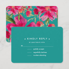 Turquoise Fuchsia Floral Wedding RSVP Kaarten Kaartje