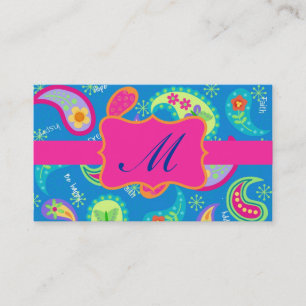 Turquoise Fuchsia Pink Modern Paisley Monogram Visitekaartje