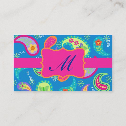 Turquoise Fuchsia Pink Modern Paisley Monogram Visitekaartje (Voorkant)