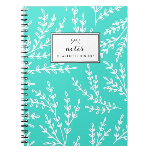 Turquoise gebladerte patroon gepersonaliseerd notitieboek (Voorkant)