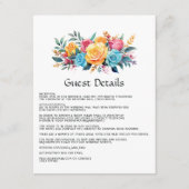 Turquoise, Geel en Roze Bloemen Gast Details Informatiekaartje (Voorkant)