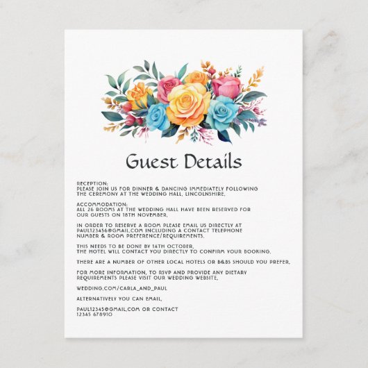 Turquoise, Geel en Roze Bloemen Gast Details Informatiekaartje (Voorkant)