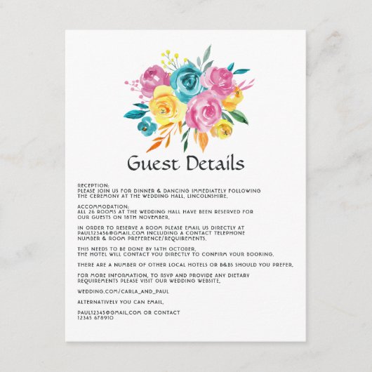 Turquoise, Geel en Roze Bloemen Gast Details Informatiekaartje (Voorkant)