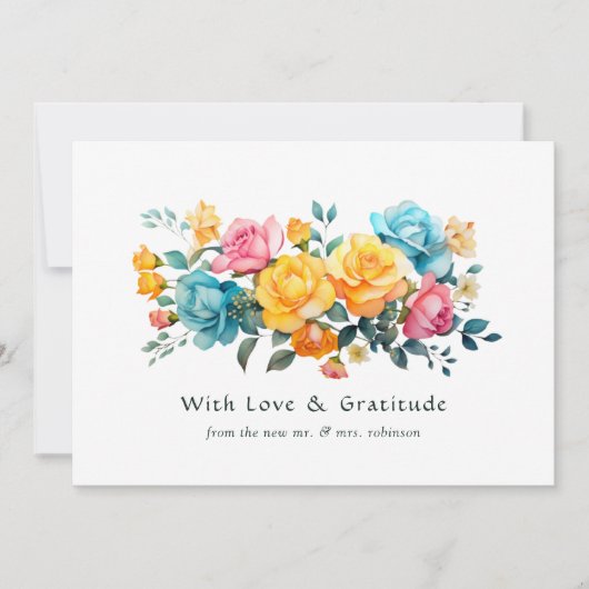Turquoise, geel en roze bloemenbruiloft bedankkaart (Voorkant)