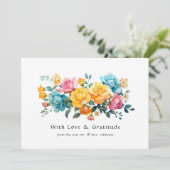 Turquoise, geel en roze bloemenbruiloft bedankkaart (Staand voorkant)