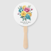 Turquoise, geel en roze bloemenbruiloft handwaaier (Voorkant)