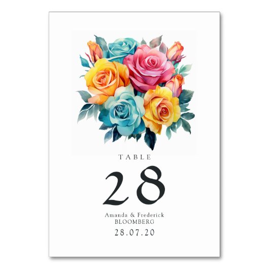 Turquoise, geel en roze bloemenbruiloft kaart (Voorkant)