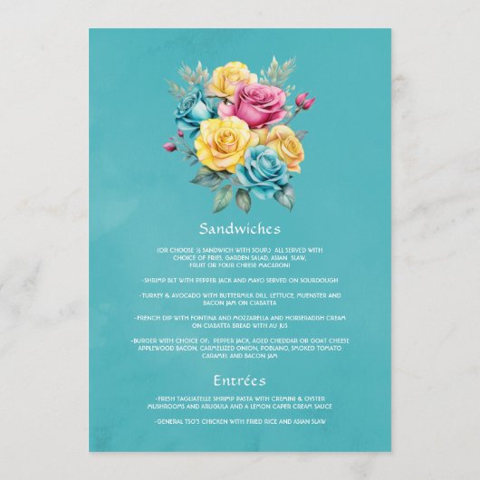 Turquoise, geel en roze bloemenbruiloft menu (Achterkant)