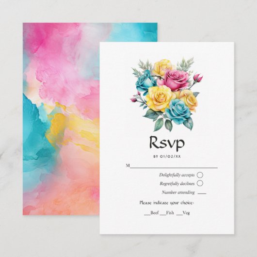 Turquoise, geel en roze bloemenbruiloft RSVP kaartje (Voorkant / Achterkant)