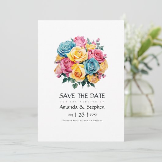 Turquoise, geel en roze bloemenbruiloft save the date (Staand voorkant)
