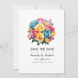 Turquoise, geel en roze bloemenbruiloft save the date