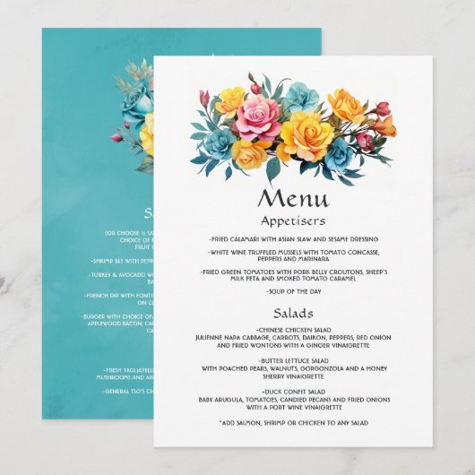 Turquoise, Geel en Roze Bloemige Bruiloft Menu (Voorkant / Achterkant)