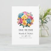 Turquoise, Geel en Roze Bloemige Bruiloft Save The Date (Staand voorkant)