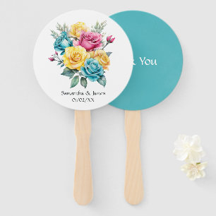 Turquoise, Geel en Roze Bloemige Trouwdag Handwaaier