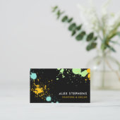 Turquoise Geel Groene Zwarte Verf Splatter Visitekaartje (Staand voorkant)