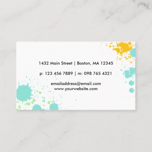 Turquoise Geel Groene Zwarte Verf Splatter Visitekaartje (Achterkant)