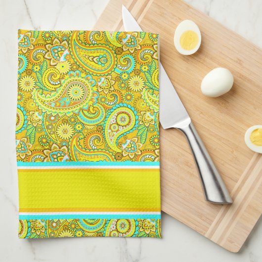 Turquoise geel paisley theedoek (Quarter Fold)