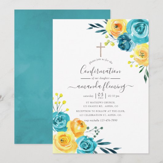 Turquoise & Geel Waterverf Bloem Confirm Kaart (Voorkant / Achterkant)