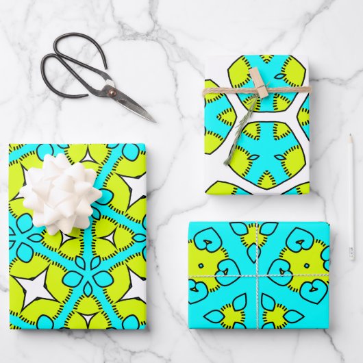 Turquoise, Geel, Wit & Zwart Geometrische Bloemen Inpakpapier Vel (Voorkant)