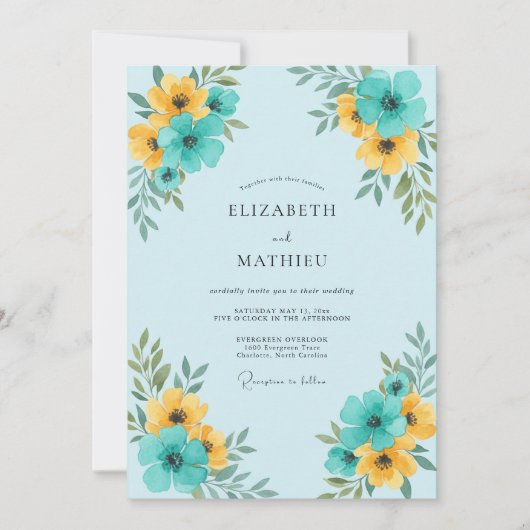 Turquoise Gele Bloemhuwelijk Kaart (Voorkant)