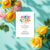 Turquoise, gele en roze bloemen bruiloft programmakaart